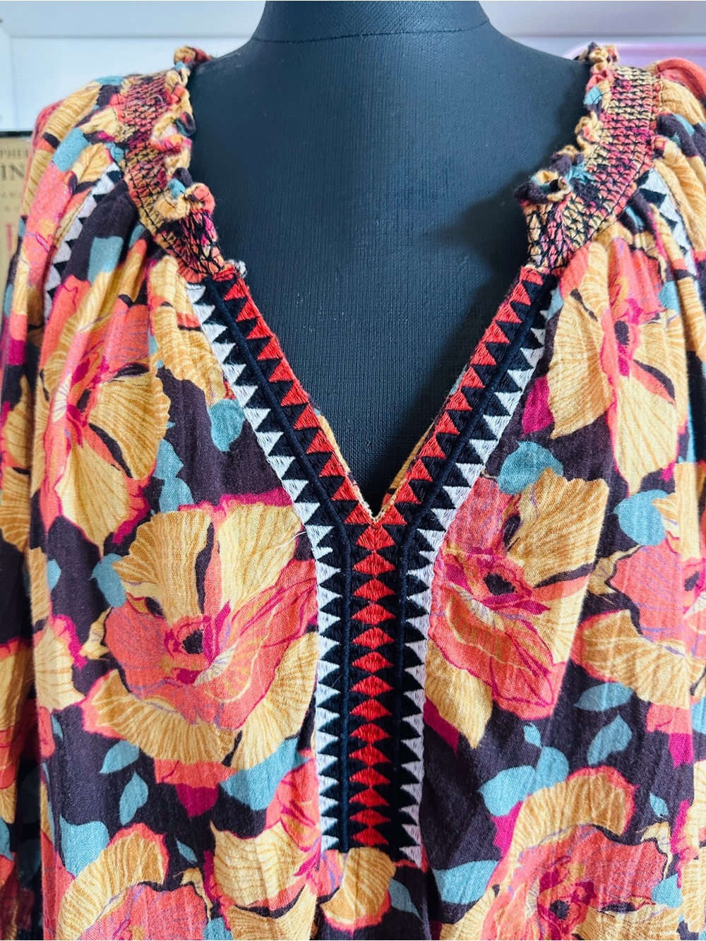 Sundance Floral Smocked Peasant style Tunic in Yellow, Pink & Teal on Black - Picture 2 of 9